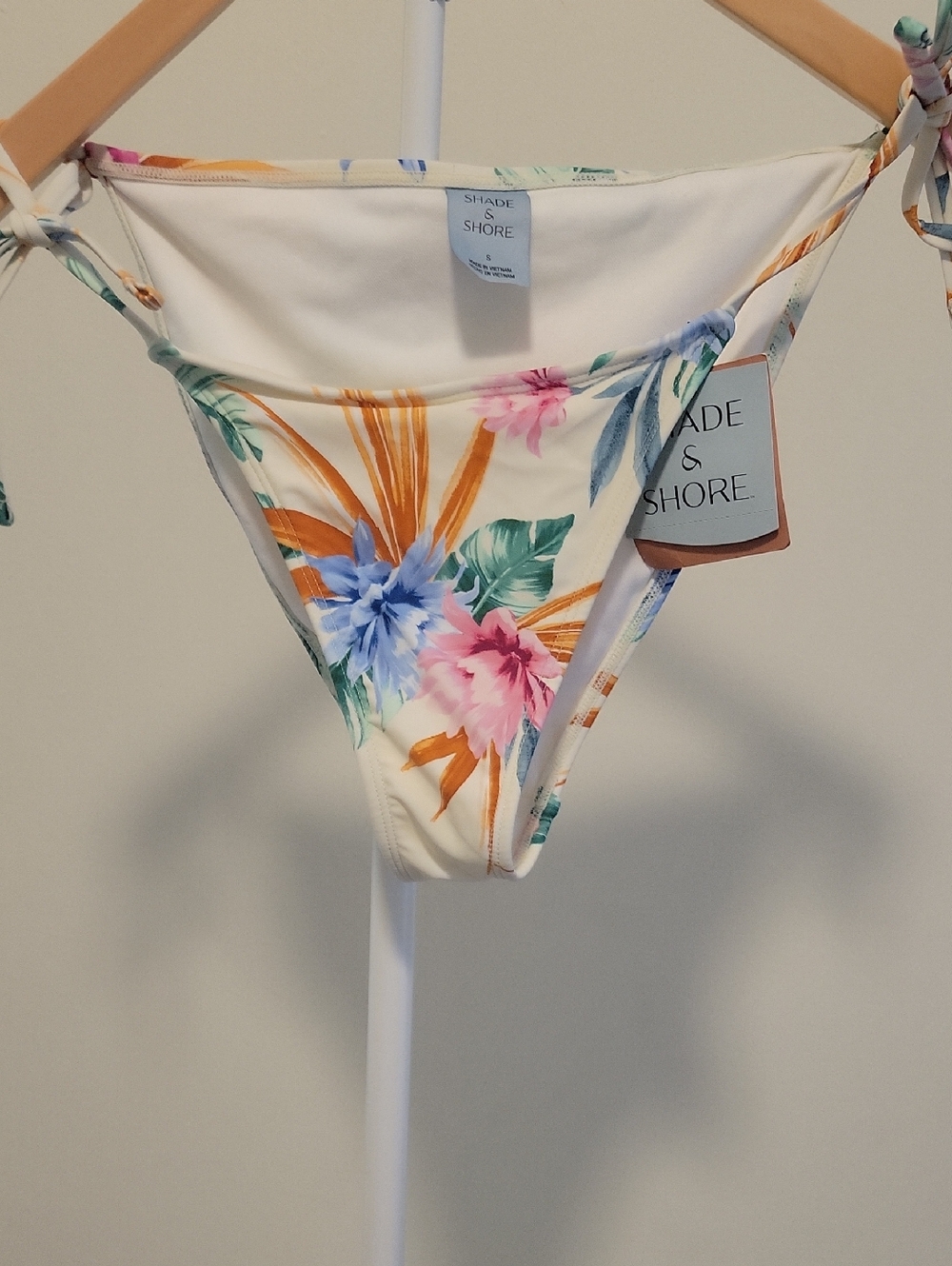 Shade & Shore Cream Floral Tie-Side Bikini Bottom with Pink & Blue Accents